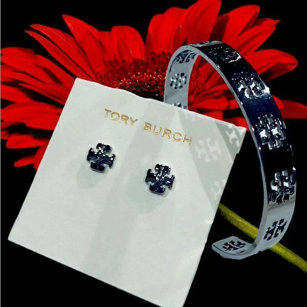 TORY BURCH LOGO HOLLOW BRACELET AND EARRINGS SILVER SET